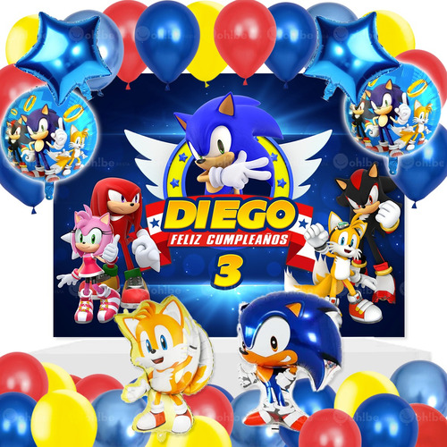 Kit Decoración Fiesta Sonic Globos Sonic+ Lona Personalizada
