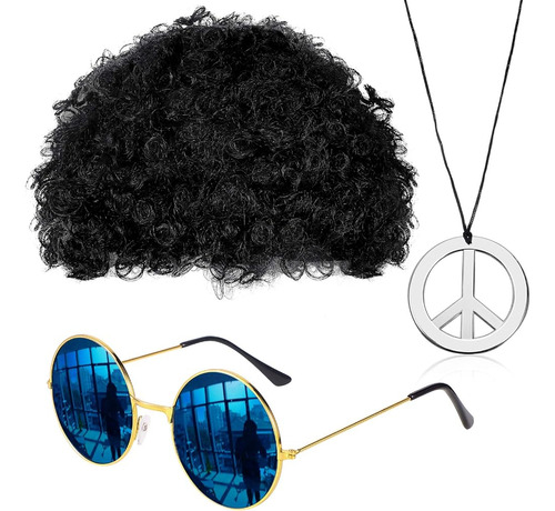 Conjunto De Disfraces Hippies Funky Afro Peluca Gafas De Sol