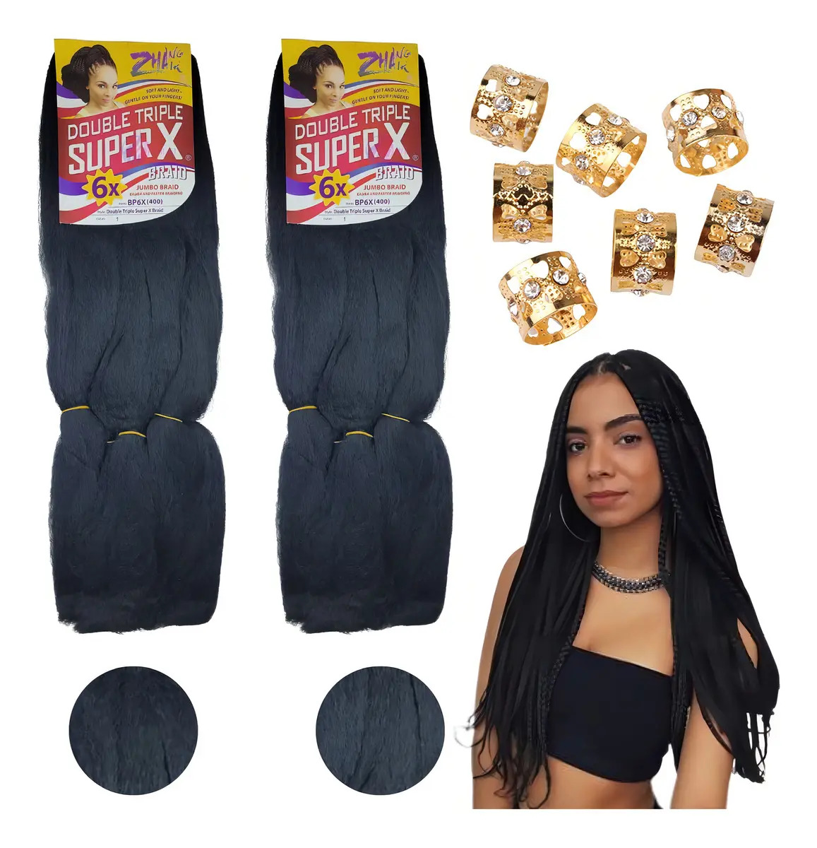 Kit 2 Pacotes Cabelo Jumbo Jumbão Zhang Hair Para Tranças Preto 126 cm