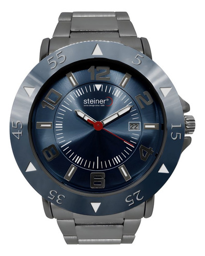 Reloj De Hombre Steiner Con Bisel Giratorio Y Fechador 3 Atm Correa Negro Bisel Azul oscuro Fondo Azul oscuro