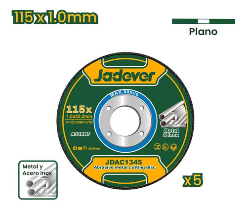 Disco De Corte Metal 4 Pulgadas 115x1.0mm 5 Piezas Jadever