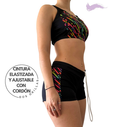 Bikini Anticloro Malla Natacion Short 2 Piezas Secado Rapido Negro 4