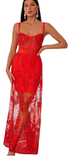 Vestido Bandage Rojo Largo Tirantes Sexy Elegante Casual Tra