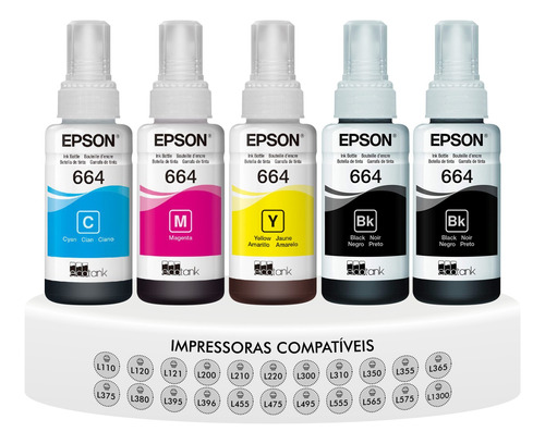 Kit 3 Coloridas + 2 Pretas T664 Originais Epson L110 L120