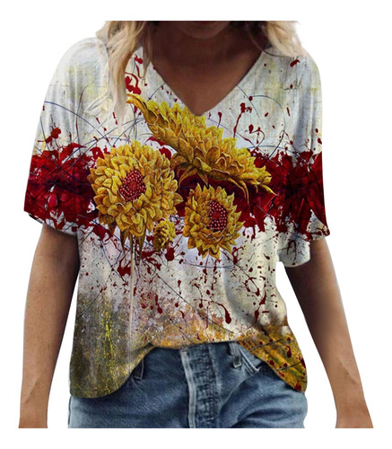 Camiseta W Con Cuello Redondo Y Estampado De Flores Panorámi