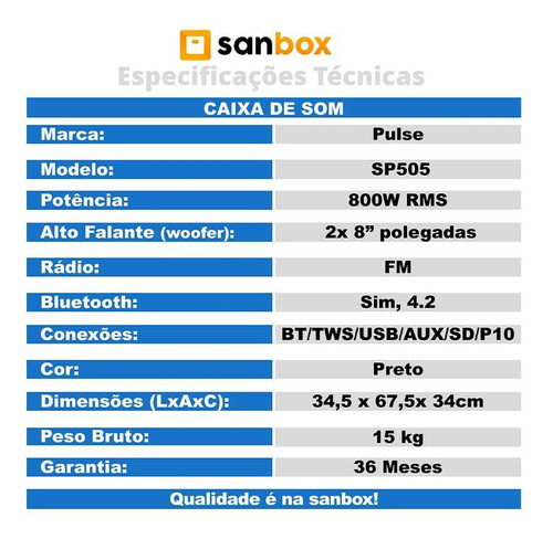 Caixa De Som Bluetooth Pulsebox Trolley Sp505- 800w Rms