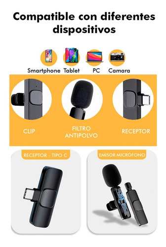 Imagen 2 de 5 de Micrófono Solapero Inalámbrico Recargable Para Laptop Y Pc
