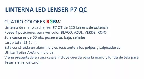 Linterna Led Lenser P7 Qc 220 Lumens Blanco Rojo Verde Azul