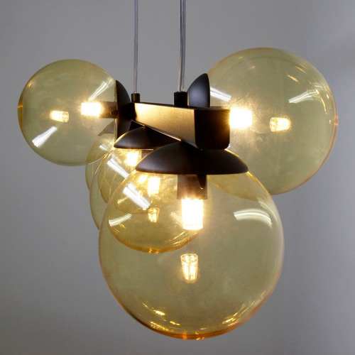 Pendente Luminalux Madrid 5 Globos 15cm Moon Trilho New Estrutura Preto Globo Âmbar
