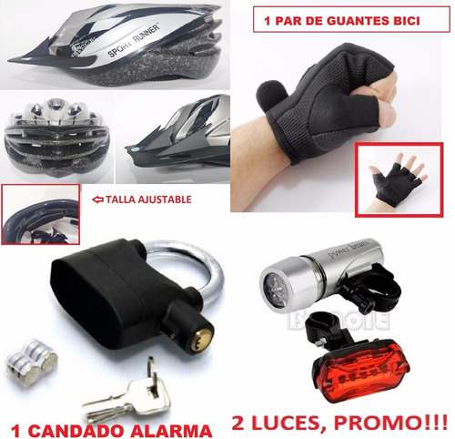 Kit Bicicleta Accesorios Guantes+casco+luz Led+candado Alarm