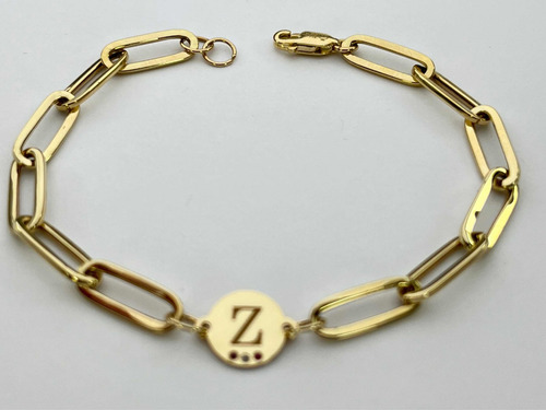 Pulsera De Eslabones Con Inicial Redonda En Oro 14k