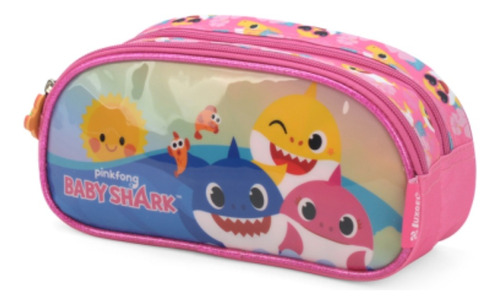 Estojo Escolar Infantil Duplo Baby Shark Cor Rosa Liso