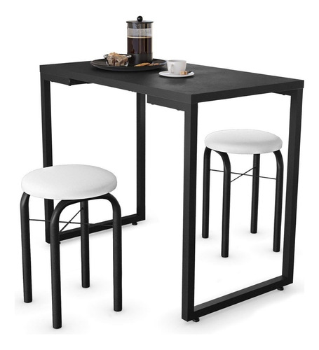 Mesa Pratica Industrial 90cm E 2 Banquetas Preto/branco Cor da tampa Preto Cor dos pés Preto