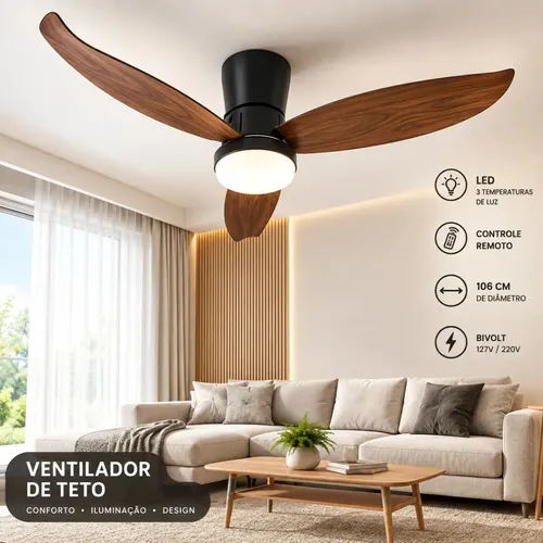 Ventilador de Teto 106cm LED 3 Cores Controle Remoto Bivolt Preto + acabamento amadeirado