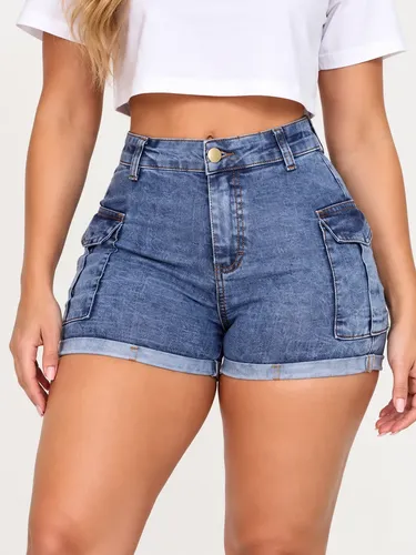 Short Jeans Cargo Levanta Bumbum Cintura Alta Com Lycra MULTIMARCAS