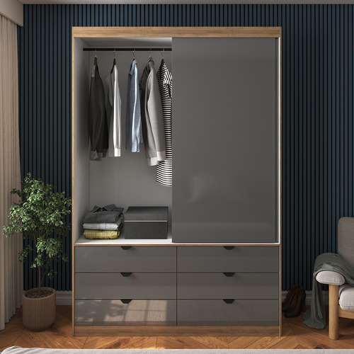 Guarda-roupa Roupeiro Cinza Grafite 2 Portas De Correr, 6 Gavetas, Espelho E Puxador Metálico - Estrutura Robusta Em Mdf, Ideal Para Quarto De Casal Ou Solteiro Design Industrial