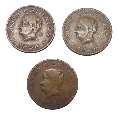  Monedas 5 Centavos Corregidora Bronce 3 Piezas  40´s Y 50's