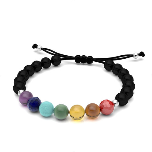 Pulsera 7 Chakras Ónix Natural Y Plata Ley 925 Agalea Hombre