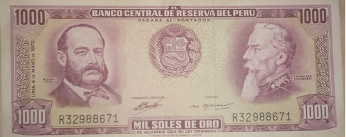 Oferta! Billete De 1,000 Soles Oro. Grau, Bolognesi. 1971