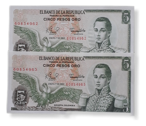 Colombia Duo Consecutivos 5 Pesos 1980 Sin Circular