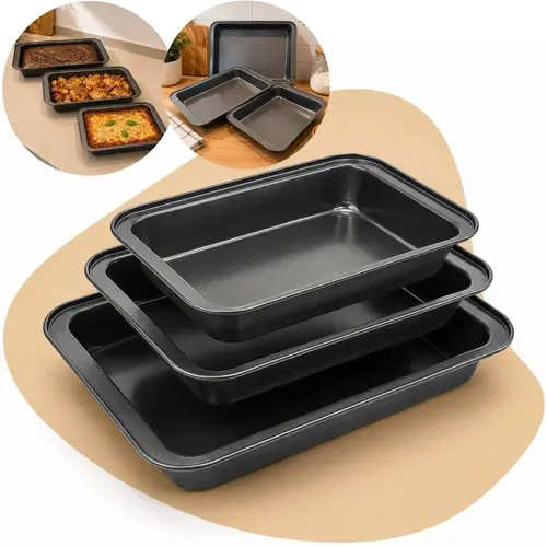 Kit Com 3 Formas Conjunto de Assadeiras Teflon Antiaderente Tamanhos P M G Retangular Carnes Frangos Tortas Bolos Nao Gruda THL-HOME