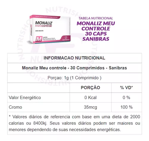 Monaliz Meu Controle 30 comprimidos - Sanibrás - Sem Sabor