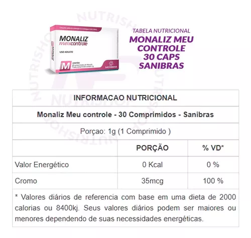 Monaliz Meu Controle 30 Comprimidos - Sanibras em Promoção na