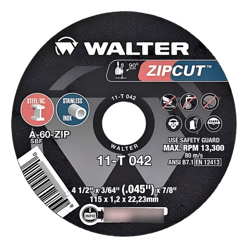  25 Discos De Corte Zipcut 4 1/2  X3/64  X7/8  Walter 1,2mm