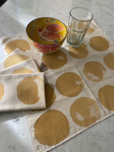 4 Servilletas 50x50cm De Tusor Estampadas A Mano Con Acuarel Natural Círculos Azules