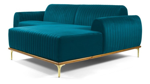 Sofá 350cm 6 Lugares Chaise Direito Molino Veludo Turquesa Cor Azul Desenho do tecido Liso