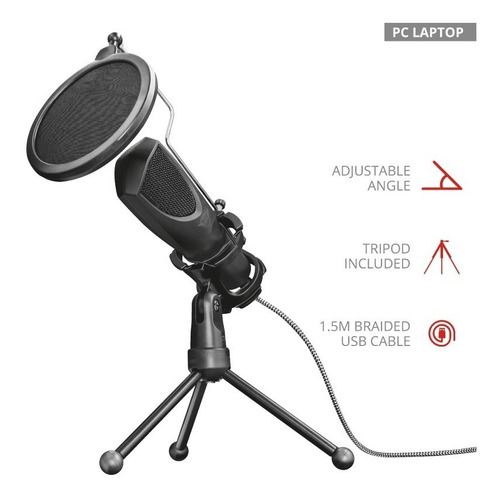 Microfono Trust Mantis De Escritorio Tripode Podcasts Usb Color Negro