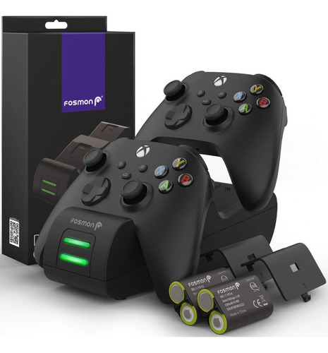 Fosmon Xbox One/one X/one S Cargador De Driver, [ranura Dual] Estación De Carga De Alta Velocidad Con 2 Paquetes De Baterías Recargables De 1000 Mah (estándar Y Compatible Con Elé)