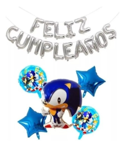 Kit Globos Metalizado De Sonic +feliz Cumpleaños
