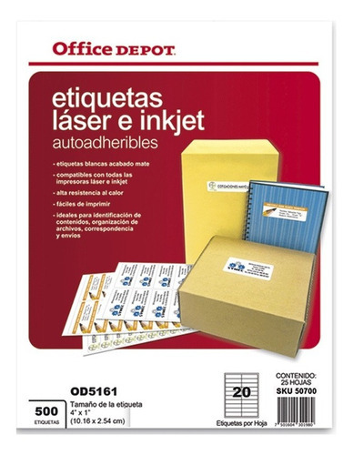 Etiqueta Od5161 Adhesiva Laser E Inkjet 10.16 X 2.54cm C/500 Color Blanco
