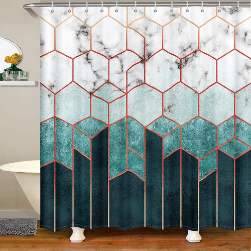 Cortina Ducha Tela Baño Turquesa Forma Panal Geometrica Raya