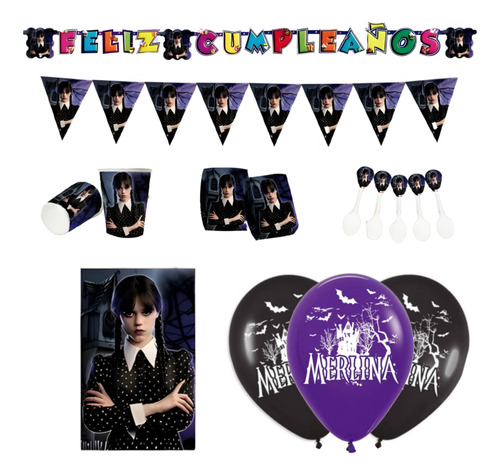 Kit Infantil Decoración Fiesta - Merlina Addams X36 Inv