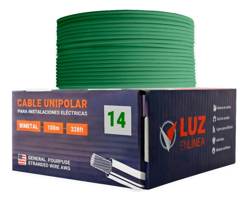 Cable Eléctrico Calibre 14 Thw Cca Verde, Caja Con 100m, Marca Luz En Linea, Modelo Lel-pro14-v