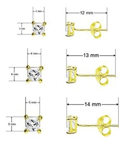 Cz Stud Pendientes Princesa Corte Plata Esterlina Tres Pares