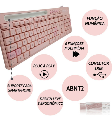 Teclado Computador Notebook Usb Layout Abnt2 Multimídia Rosa