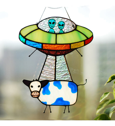 Panel De Vitral Pintado Con Forma De Ovni Con Forma De Vaca