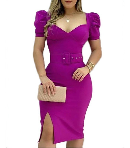 Vestido Bodycon Sexy Com Decote Quadrado E Cinto