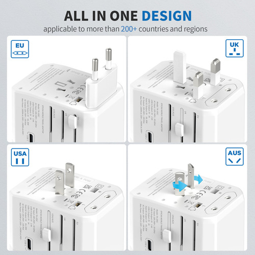 Adaptador de viaje universal Epicka blanco con 3 puertos USB-C y 2 puertos USB-A, compatible con EE. UU., UE, Reino Unido y Australia.
