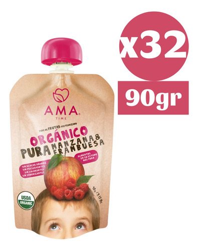 32x Ama Pure Fruta Manzana Frambuesa Orgánico Papilla