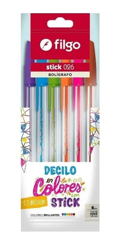 Pack 6 Lapiceras Stick Filgo Boligrafo Capuchon Colores 026