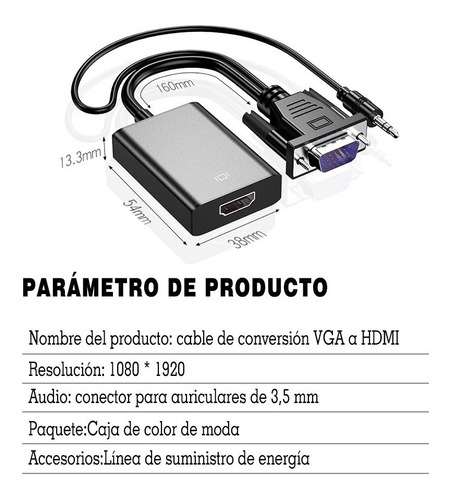 Imagen 10 de 10 de Cable Convertidor Video Vga A Hdmi + Audio Full Hd 1080p