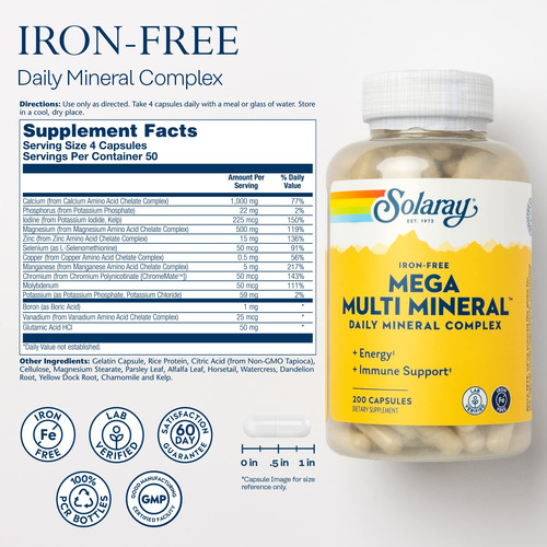 Suplemento Solaray Mega Multi Mineral Sem Ferro 200 Cápsulas