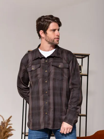 Camisa Masculina Alfaiataria Xadrez Manga Longa Bolsos Marrom Xadrez G
