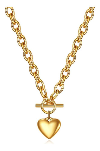 Collar De Cadena Cubana Oro Blanco 18k Con Corazón Hipoalerg