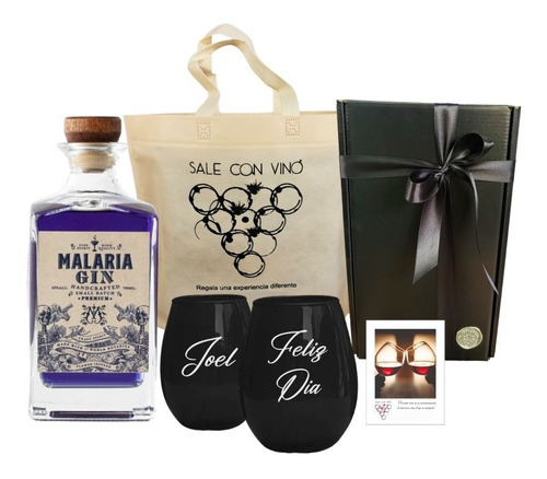 Regalo Box Gin Malaria + 2 Vasos Negros Grabados Kit Estuche