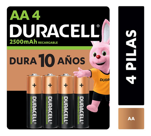 Imagen 2 de 5 de Pila Recargable Duracell Tamaño Aa 4 Unidades 2500 Mah